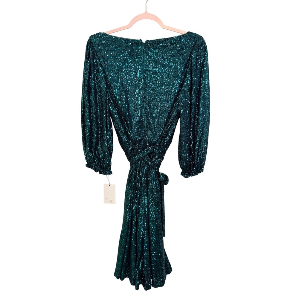 DKNY Mermaidcore Emerald Green Sequin V-Neck Wrap Front Mini Dress 14 - Picture 3 of 8